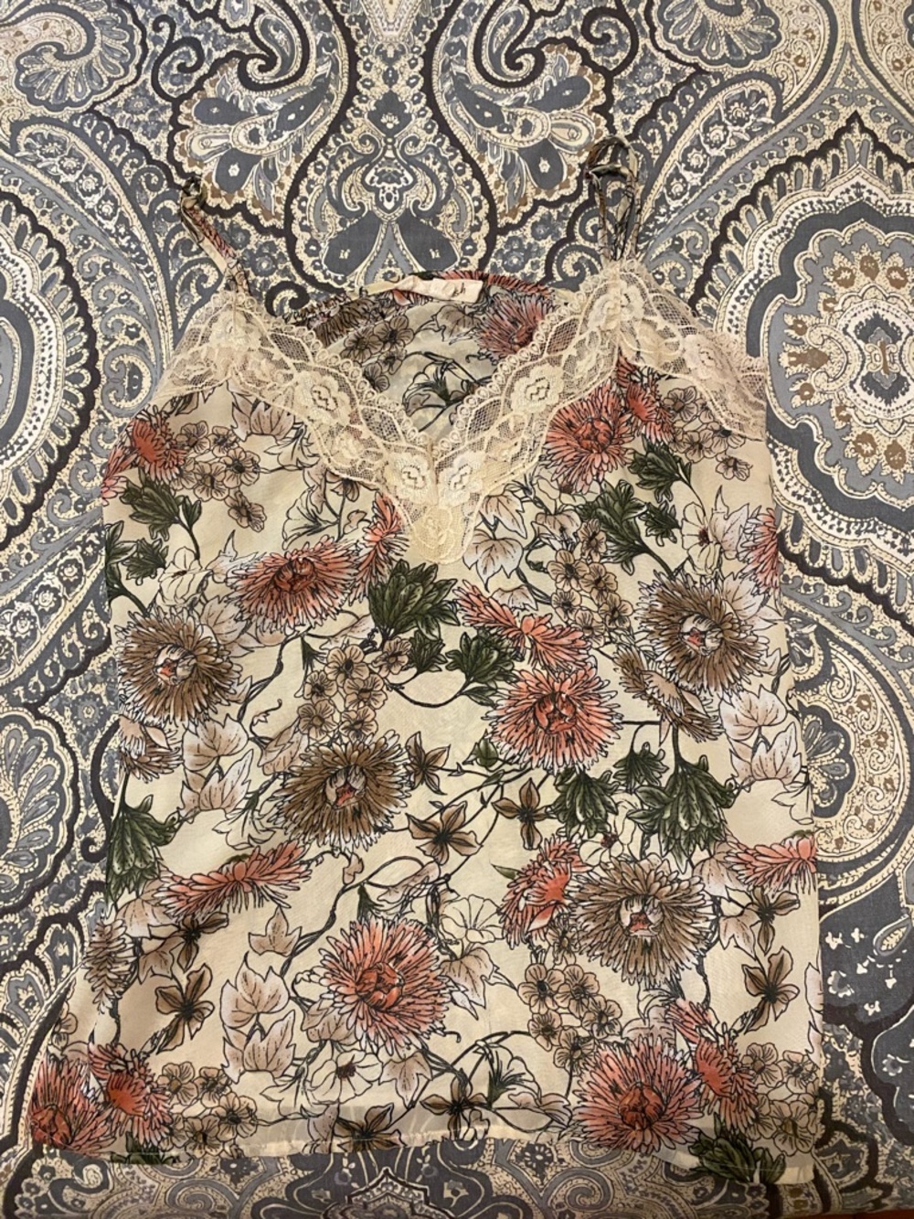 Floral Lace-Trim Cami Tank Top - Cream with Pink & Green Floral Print